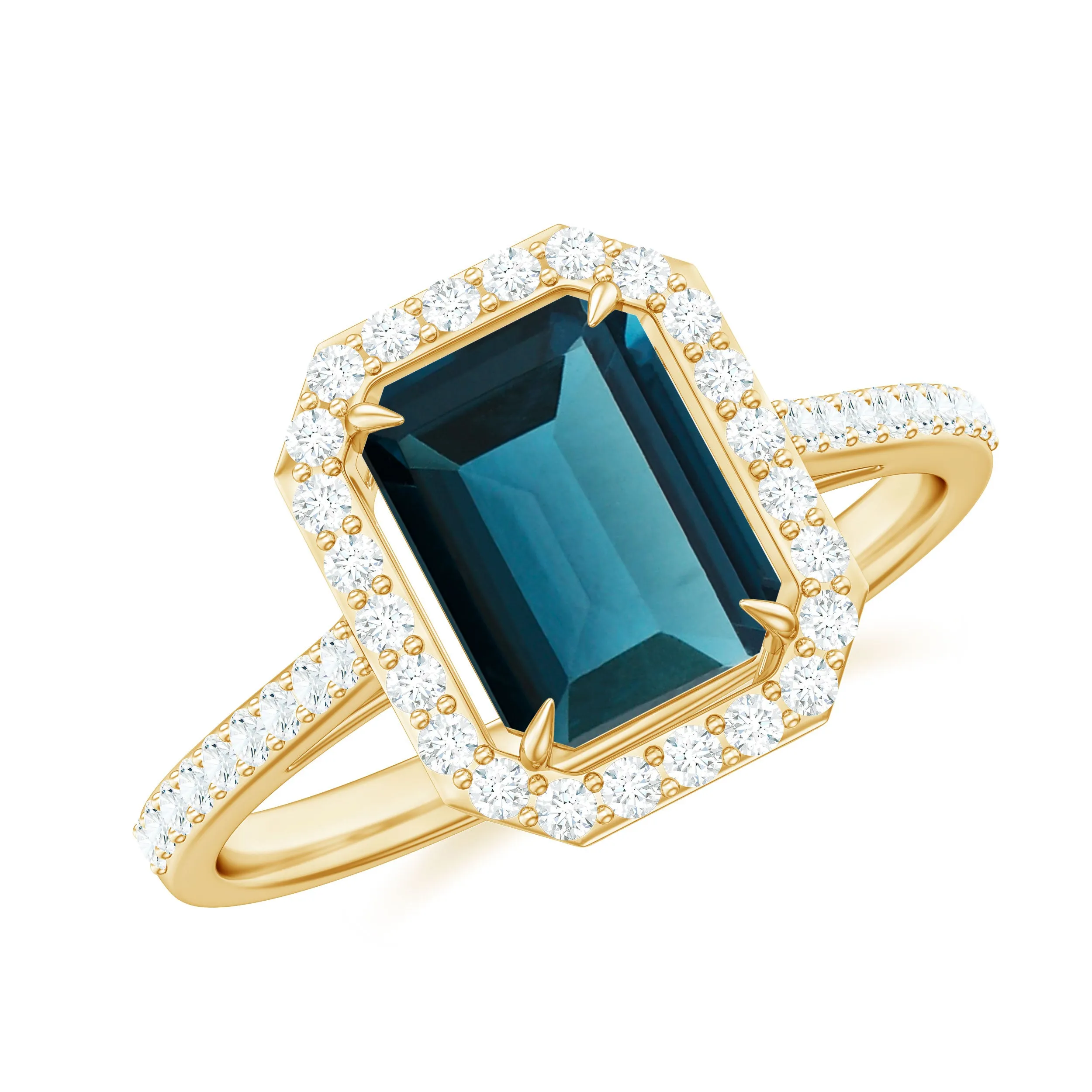 Emerald Cut London Blue Topaz and Diamond Halo Engagement Ring