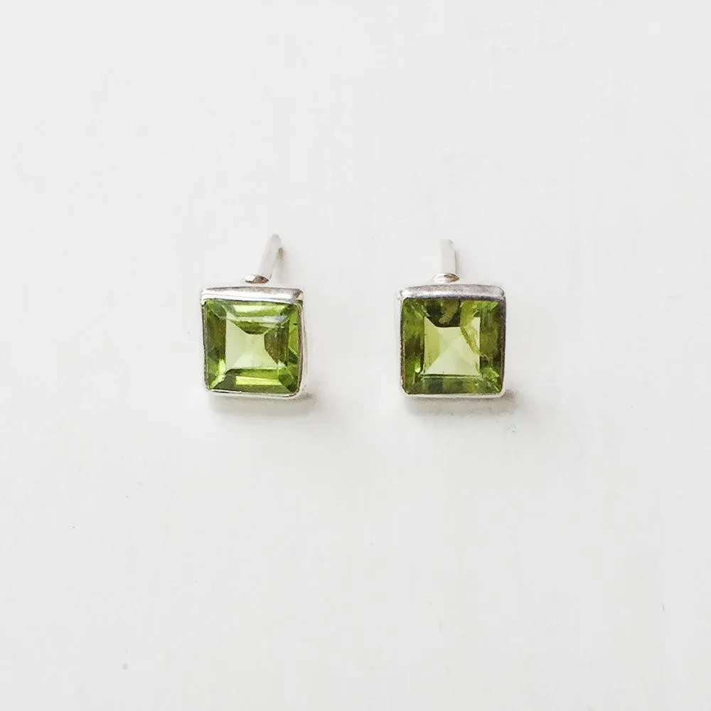 Facetted Peridot Square Silver Stud