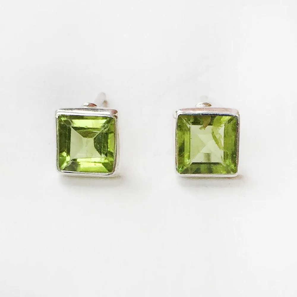Facetted Peridot Square Silver Stud