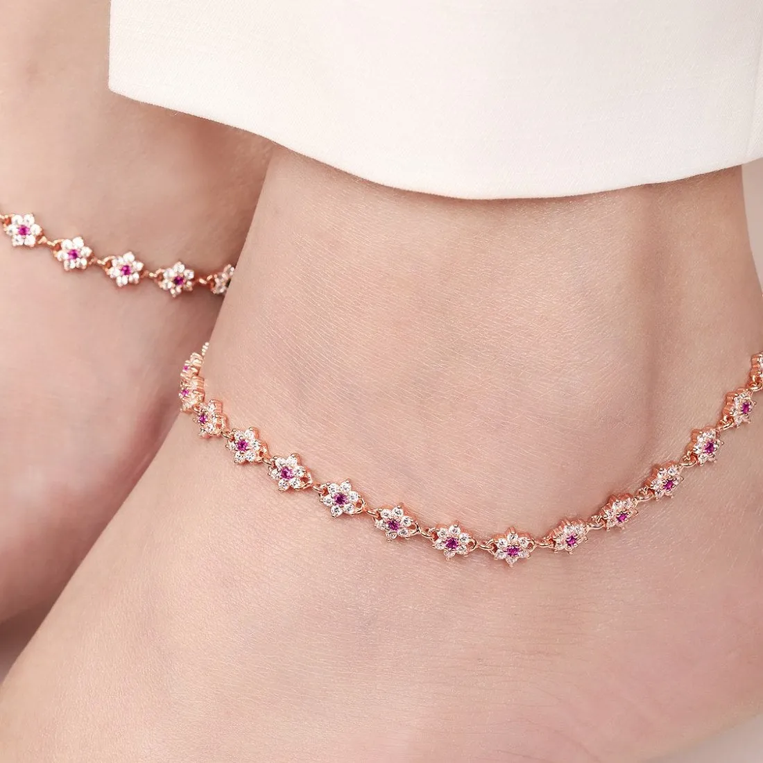 Floral Cubic Zirconia Rose Gold Plated 925 Sterling Silver Women's Anklet