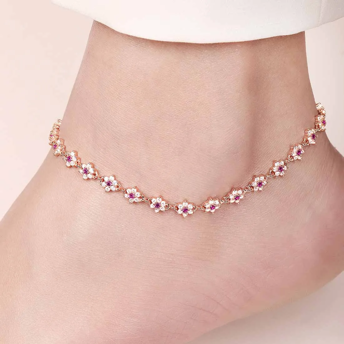 Floral Cubic Zirconia Rose Gold Plated 925 Sterling Silver Women's Anklet