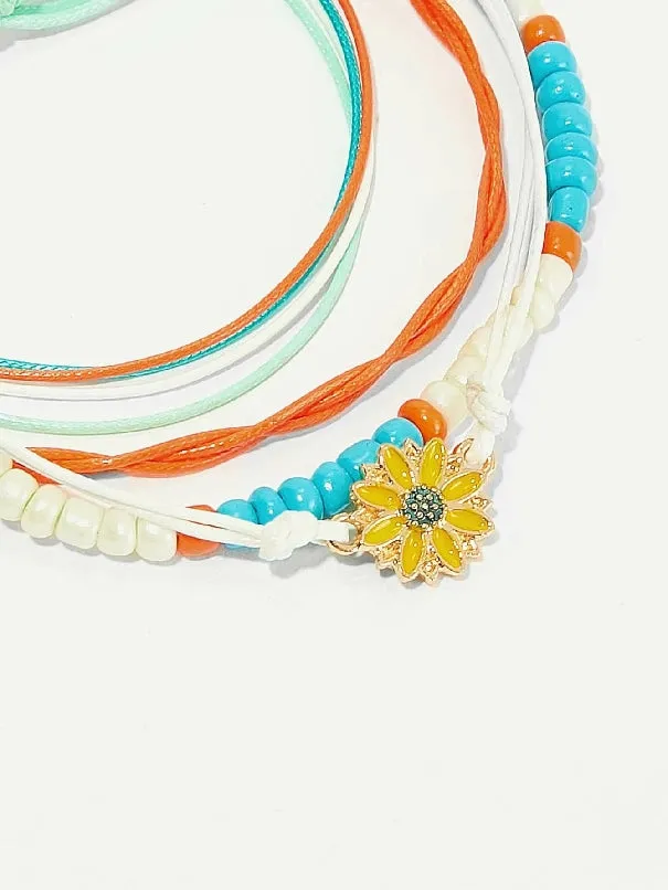 Flower & Layered Strings Anklet 4pcs