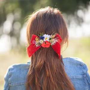 Folk flower hair bow Barrette clip with red ribbon Poppy ponytail clip Folk wedding style barrette clip Back to school hair bow Magaela