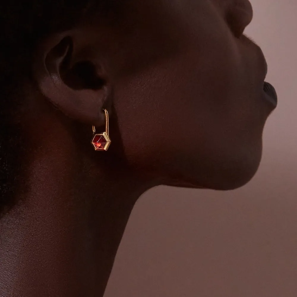 Garnet Hexagon Padlock Hoop Earrings - Gold - HXPE1GAGP