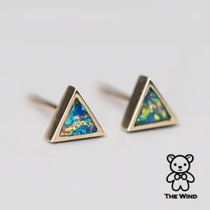 Geometric Triangle Shaped Australian Doublet Opal Stud Earrings 14K Yellow Gold