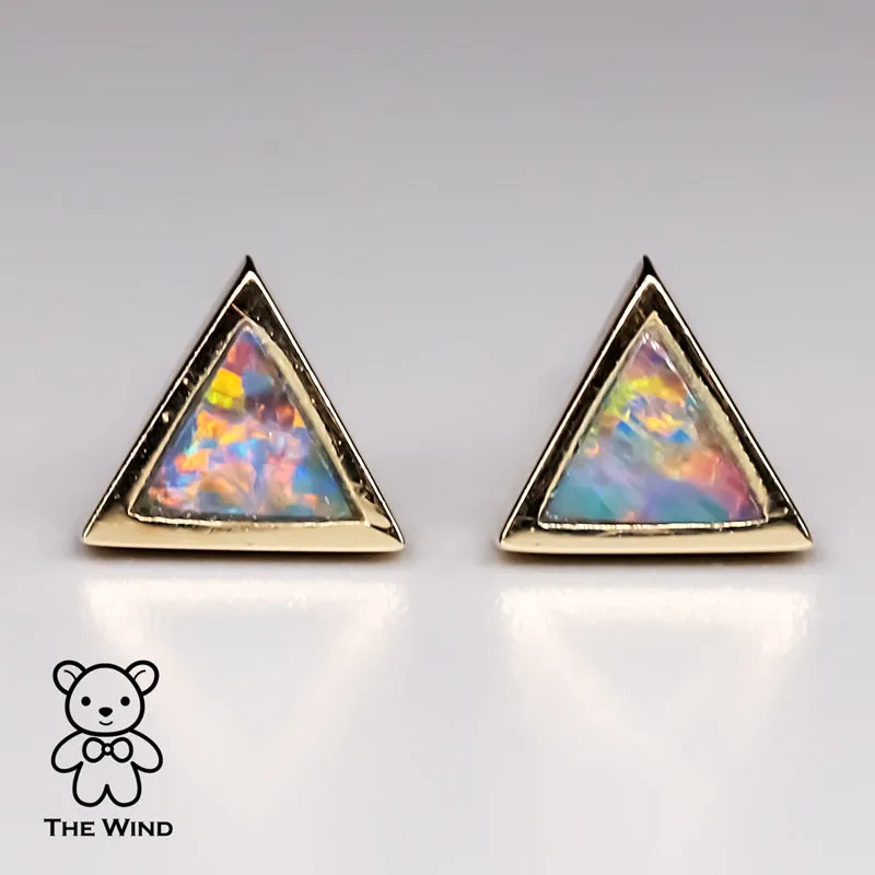 Geometric Triangle Shaped Australian Doublet Opal Stud Earrings 14K Yellow Gold