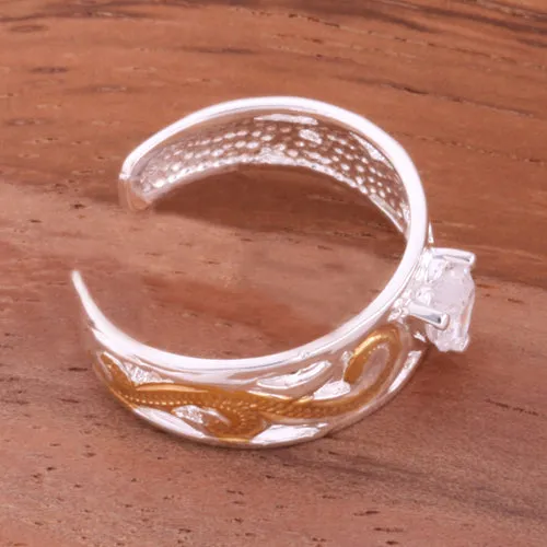 Hawaiian Scroll See Through Two Tone Yellow Gold Plated with Clear Heart CZ Toe Ring