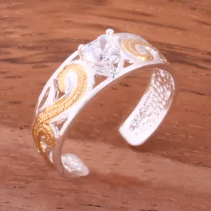 Hawaiian Scroll See Through Two Tone Yellow Gold Plated with Clear Heart CZ Toe Ring