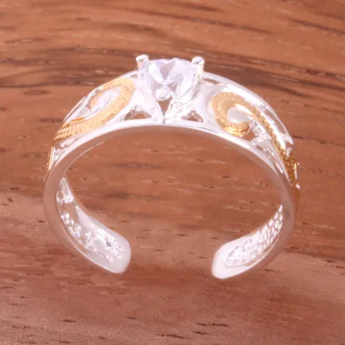 Hawaiian Scroll See Through Two Tone Yellow Gold Plated with Clear Heart CZ Toe Ring