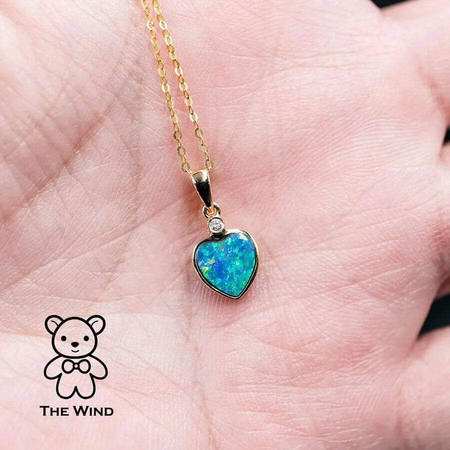 Heart Shaped Australian Doublet Opal Diamond Pendant Necklace 14k Yellow Gold
