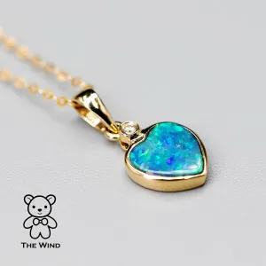Heart Shaped Australian Doublet Opal Diamond Pendant Necklace 14k Yellow Gold