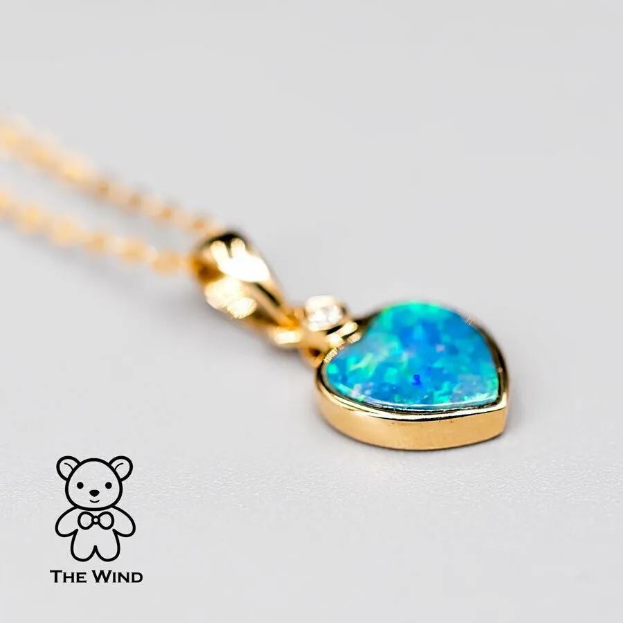 Heart Shaped Australian Doublet Opal Diamond Pendant Necklace 14k Yellow Gold