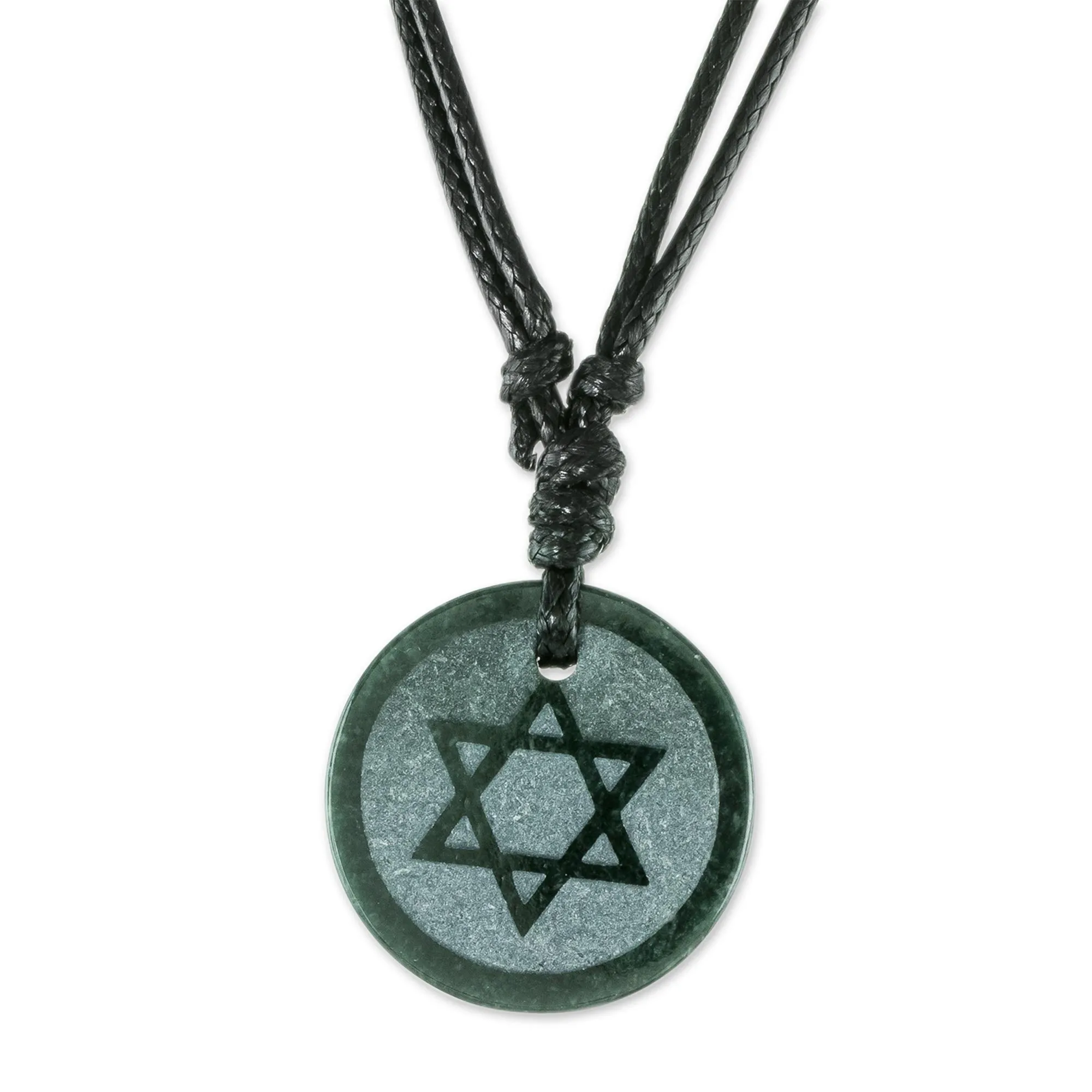 Jade Star of David Pendant on Black Leather Cord Necklace - Magen David | NOVICA