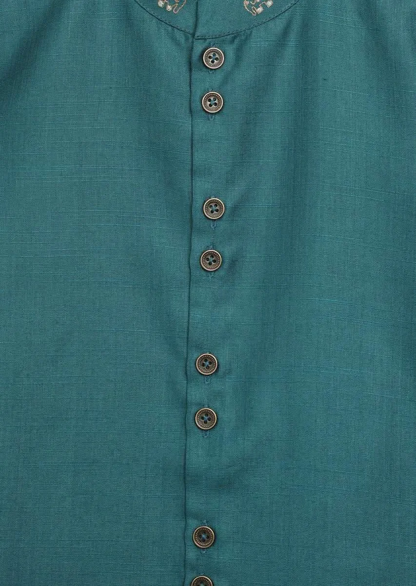 Kalki Boys Teal Kurta Set With Elephant Motifs And Green Nehru Jacket With Kantha Work By Tiber Taber