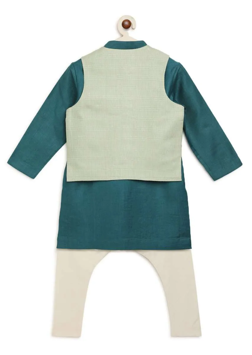 Kalki Boys Teal Kurta Set With Elephant Motifs And Green Nehru Jacket With Kantha Work By Tiber Taber