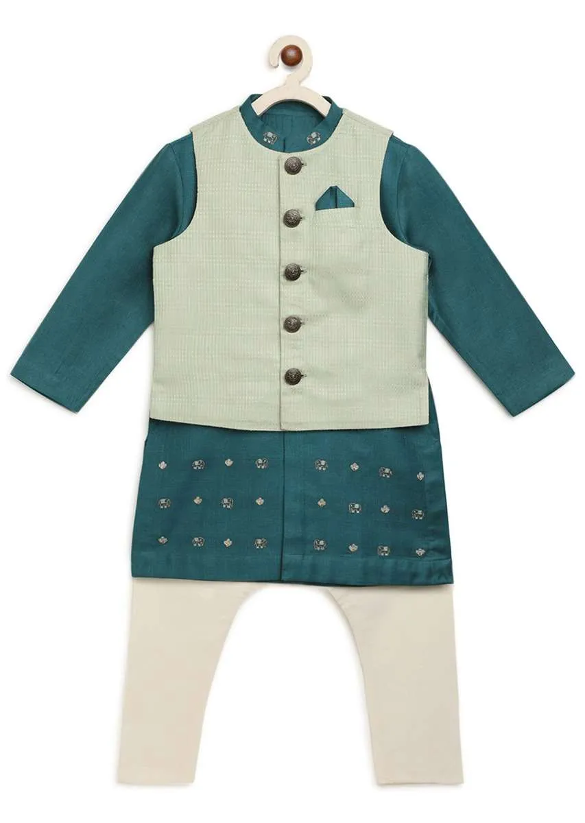 Kalki Boys Teal Kurta Set With Elephant Motifs And Green Nehru Jacket With Kantha Work By Tiber Taber