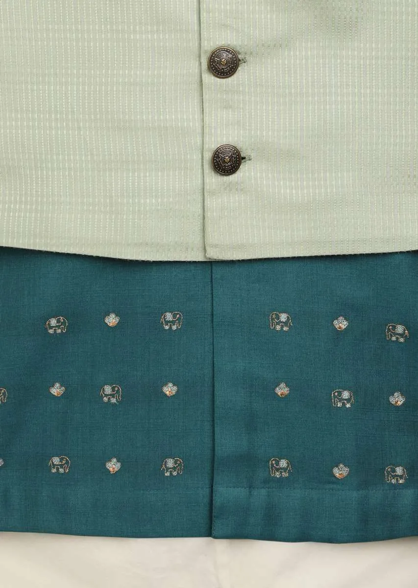 Kalki Boys Teal Kurta Set With Elephant Motifs And Green Nehru Jacket With Kantha Work By Tiber Taber
