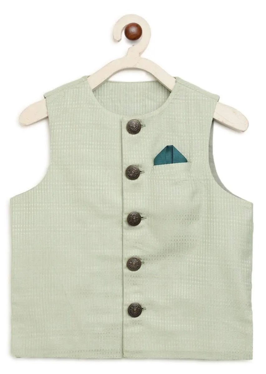 Kalki Boys Teal Kurta Set With Elephant Motifs And Green Nehru Jacket With Kantha Work By Tiber Taber