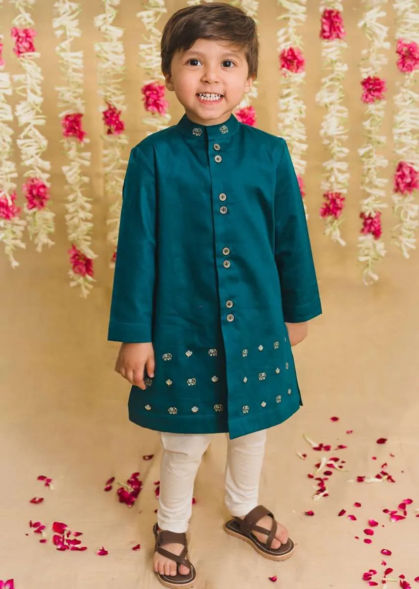 Kalki Boys Teal Kurta Set With Elephant Motifs And Green Nehru Jacket With Kantha Work By Tiber Taber