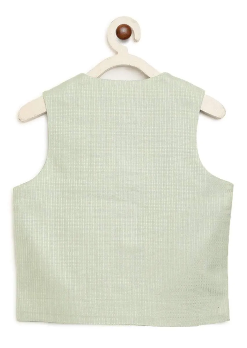 Kalki Boys Teal Kurta Set With Elephant Motifs And Green Nehru Jacket With Kantha Work By Tiber Taber