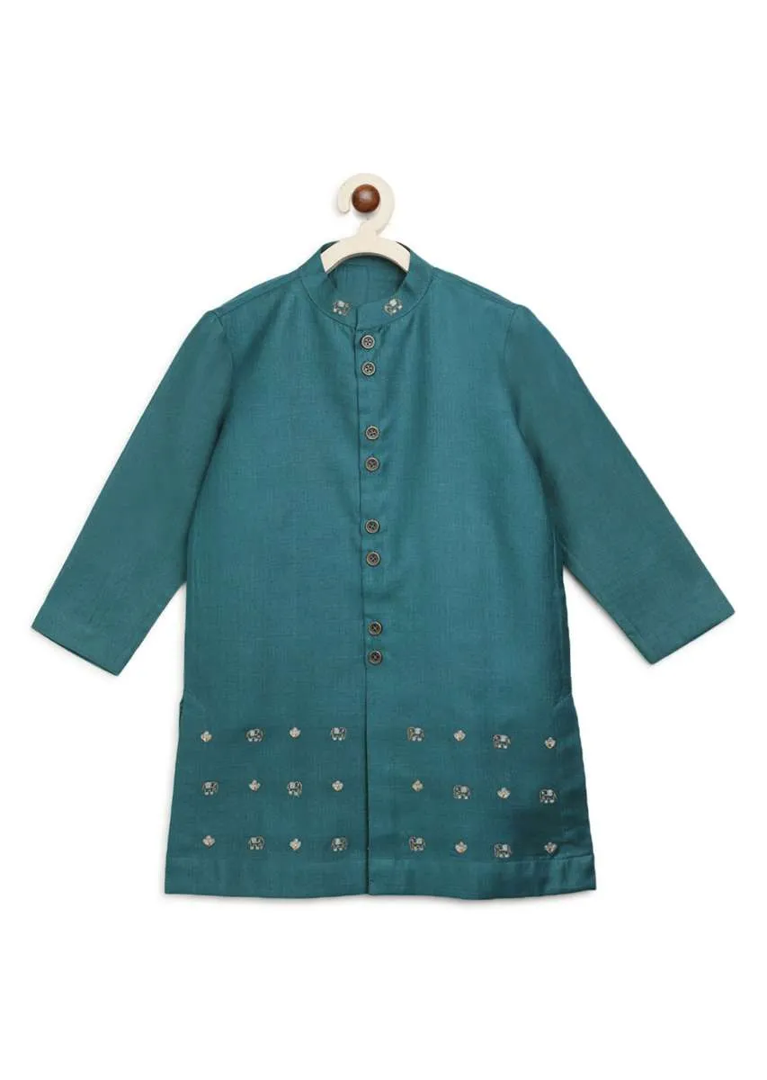 Kalki Boys Teal Kurta Set With Elephant Motifs And Green Nehru Jacket With Kantha Work By Tiber Taber