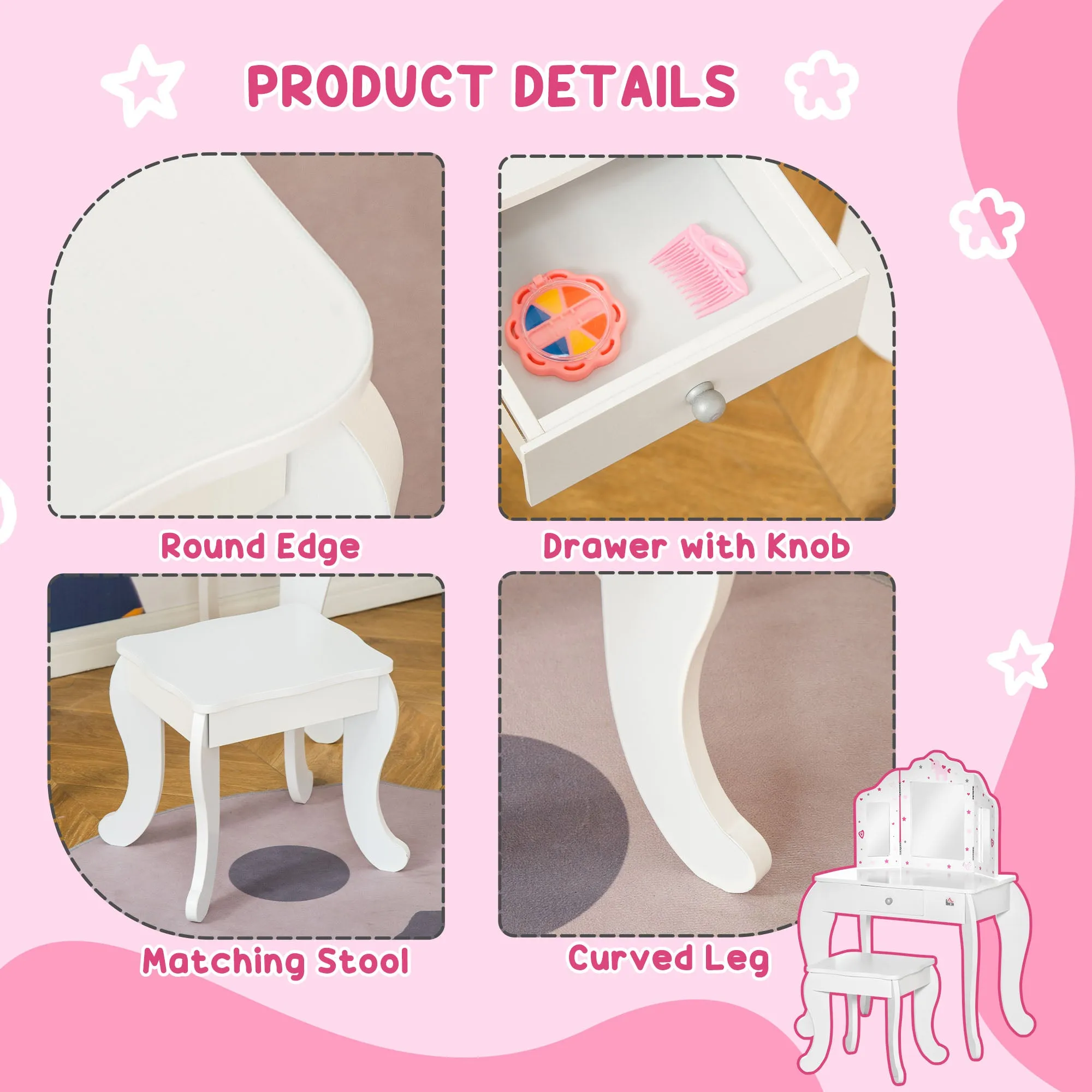 Kids Vanity Table & Stool Girls Dressing Set Make Up Desk Chair Dresser Play Set with Rotatable Mirrors Drawer Star & Heart Pattern White