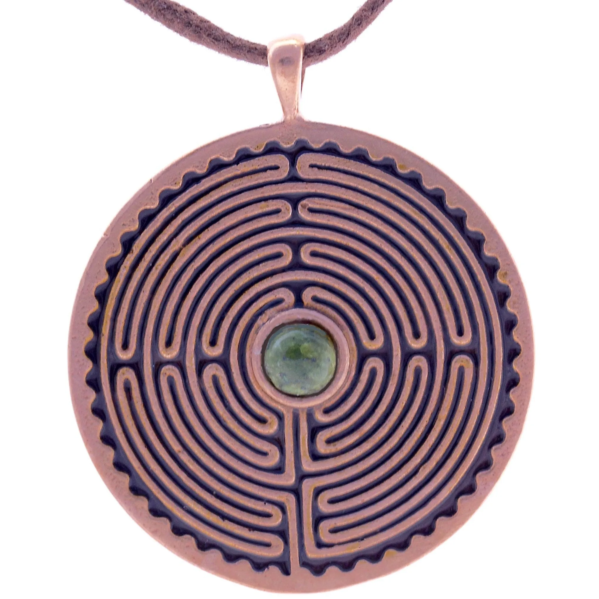 Labyrinth Peace Bronze Pendant Necklace Swiss Green Opal Gemstone on Adjustable Natural Fiber Cordw