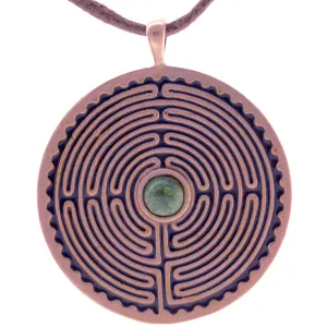 Labyrinth Peace Bronze Pendant Necklace Swiss Green Opal Gemstone on Adjustable Natural Fiber Cordw