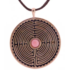 Labyrinth Peace Bronze Pendant Necklace with 6mm Pink Opal Gemstone on Adjustable Natural Fiber Cord