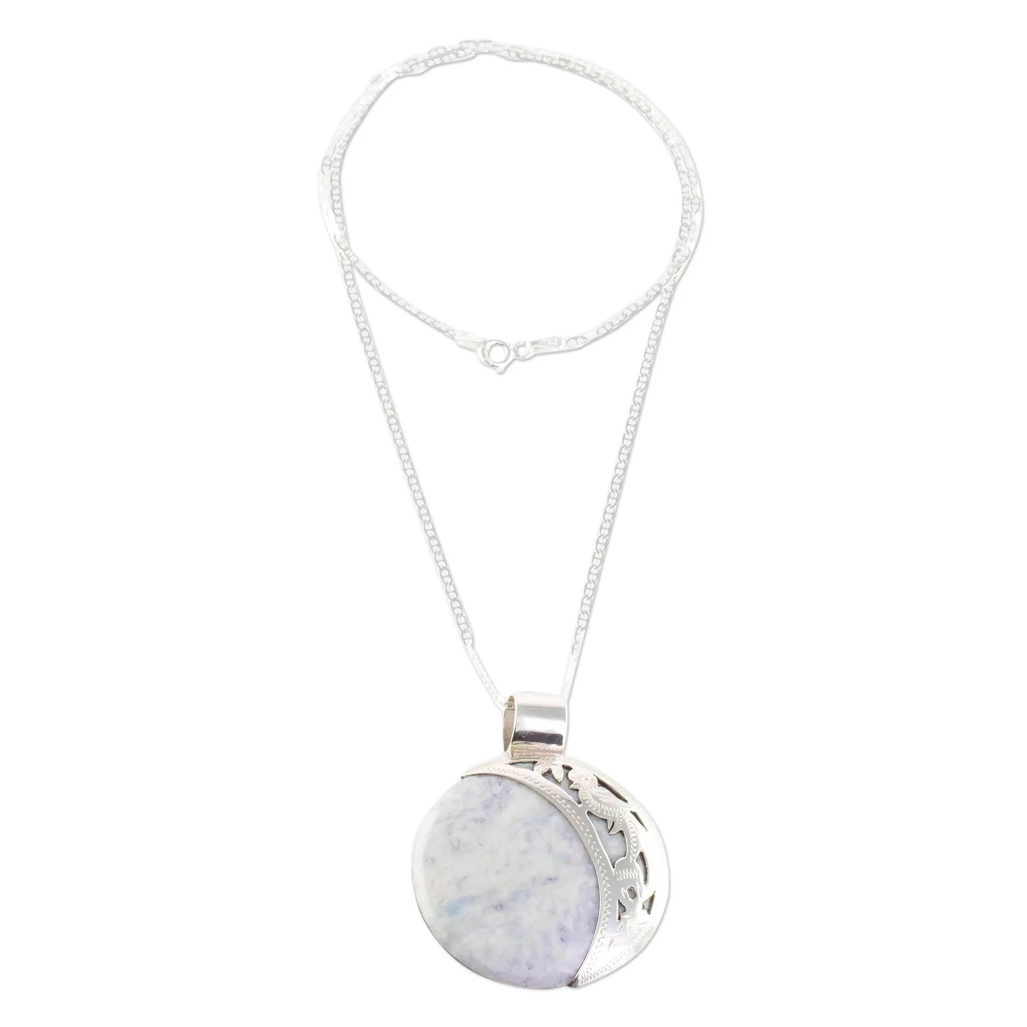 Large Maya Eclipse Lilac and Black Jade Silver Necklace - Lilac Quetzal Eclipse | NOVICA