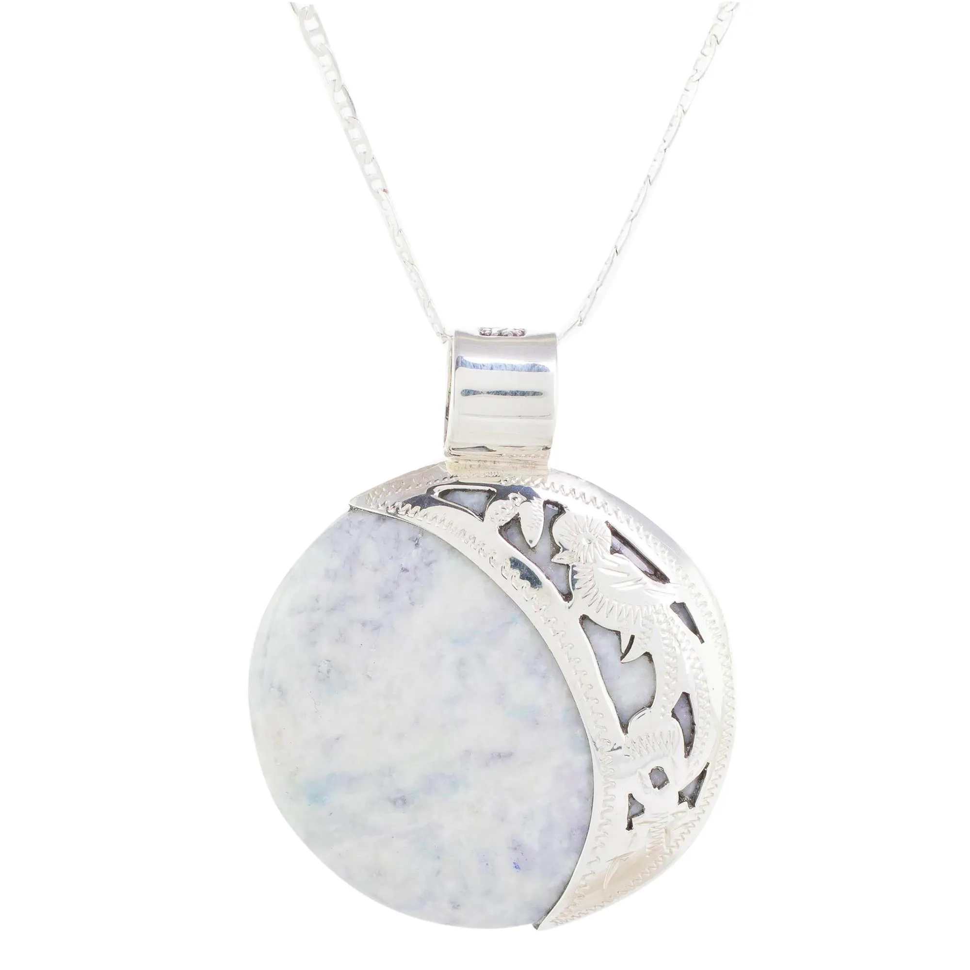 Large Maya Eclipse Lilac and Black Jade Silver Necklace - Lilac Quetzal Eclipse | NOVICA