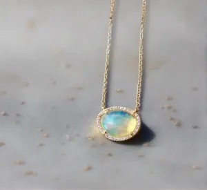 Liven Co. One Of A Kind Opal And Diamond Halo Necklace- Yellow Gold