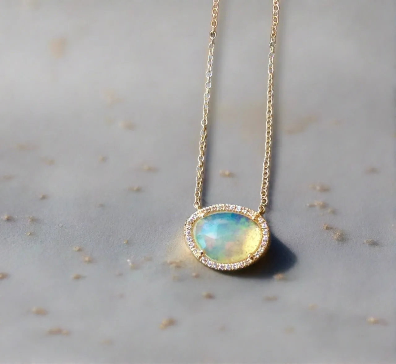 Liven Co. One Of A Kind Opal And Diamond Halo Necklace- Yellow Gold