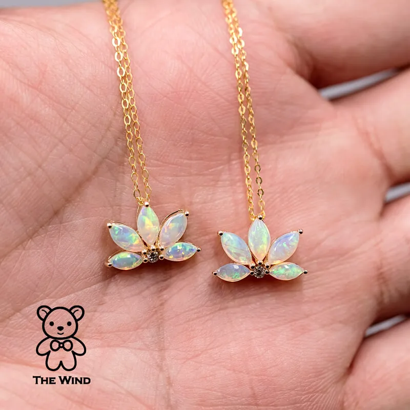 Lotus Water Lily Design Australian Solid Opal Diamond Necklace 14K Yellow Gold