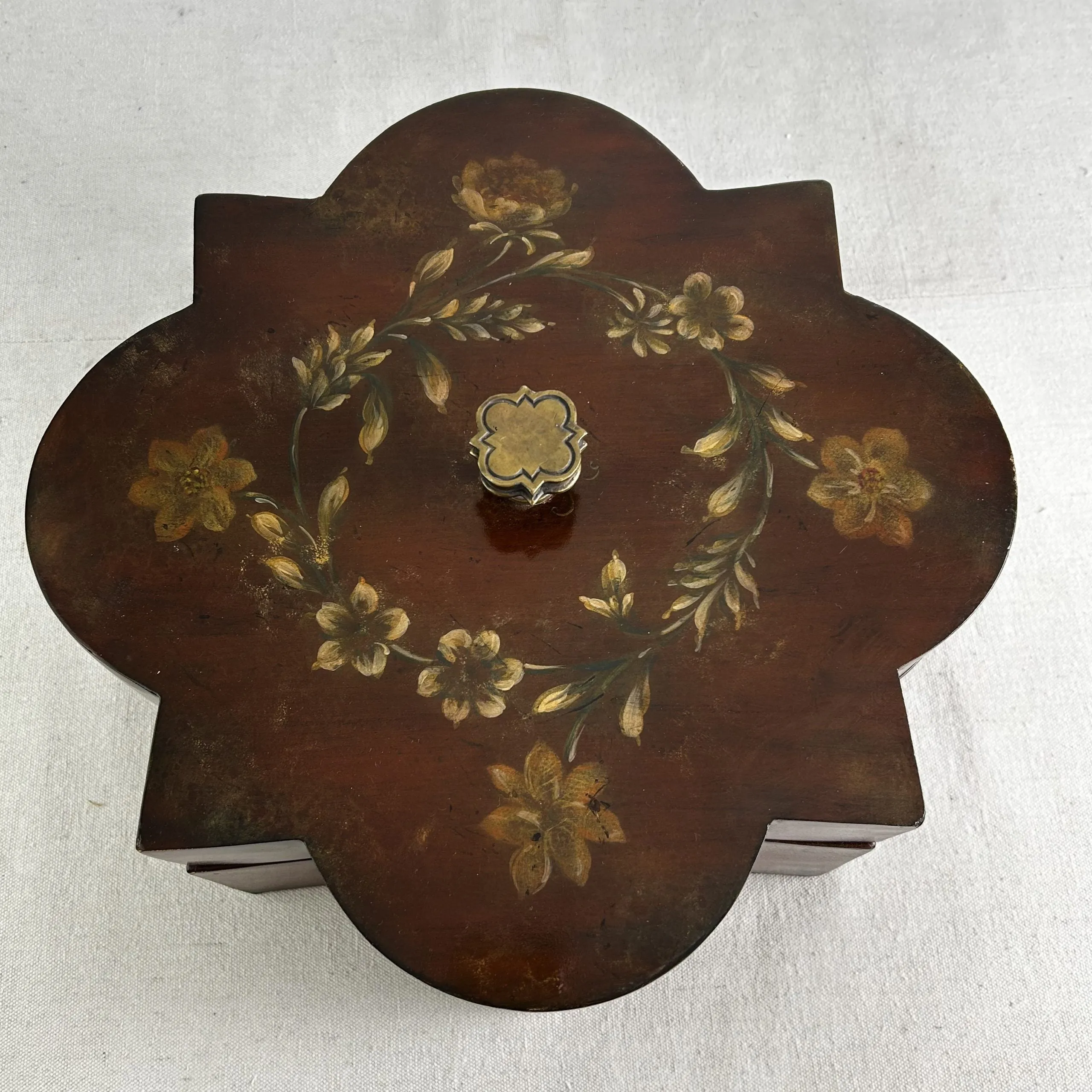 Maitland-Smith Wood Box, Hand Painted Flowers, Ornately Carved