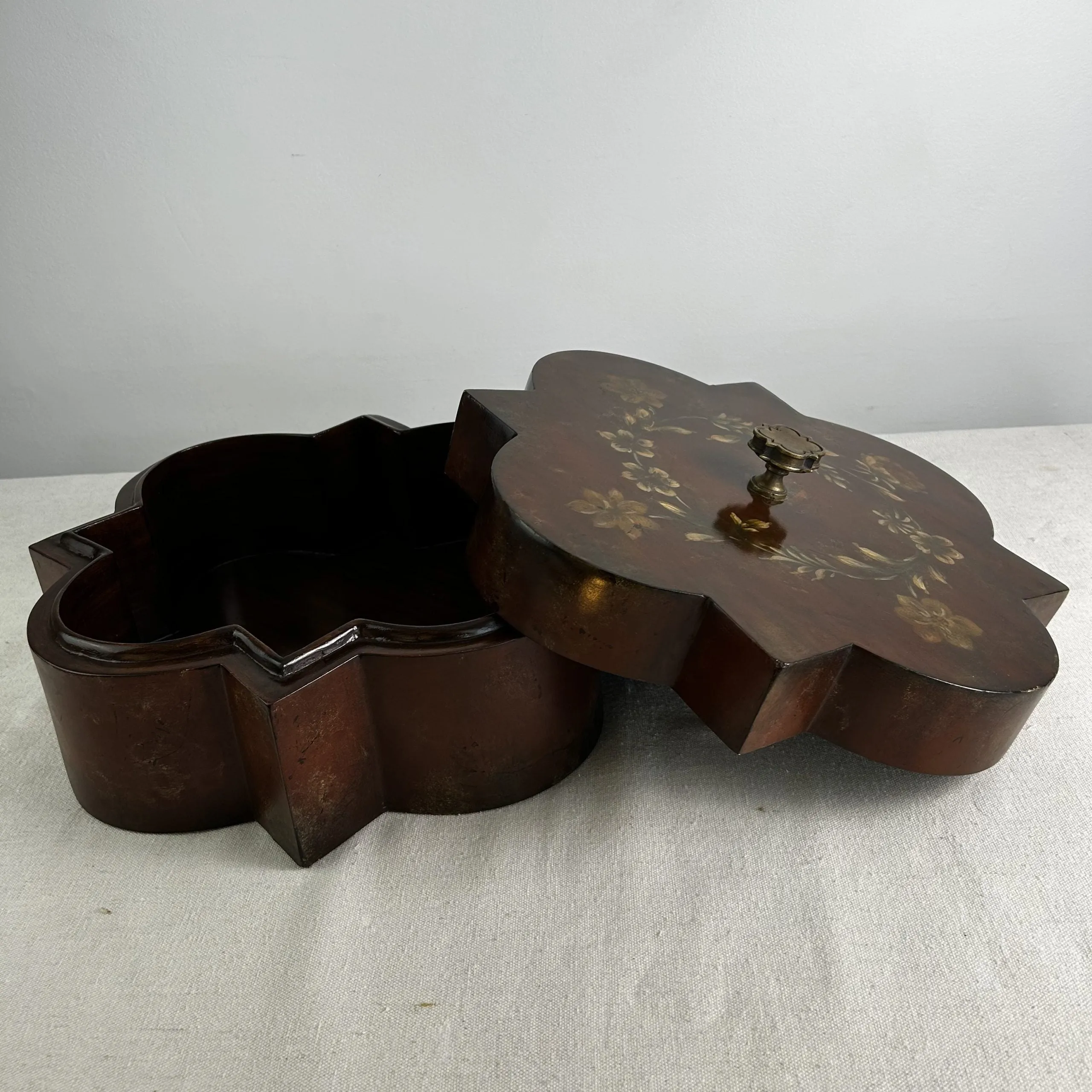 Maitland-Smith Wood Box, Hand Painted Flowers, Ornately Carved