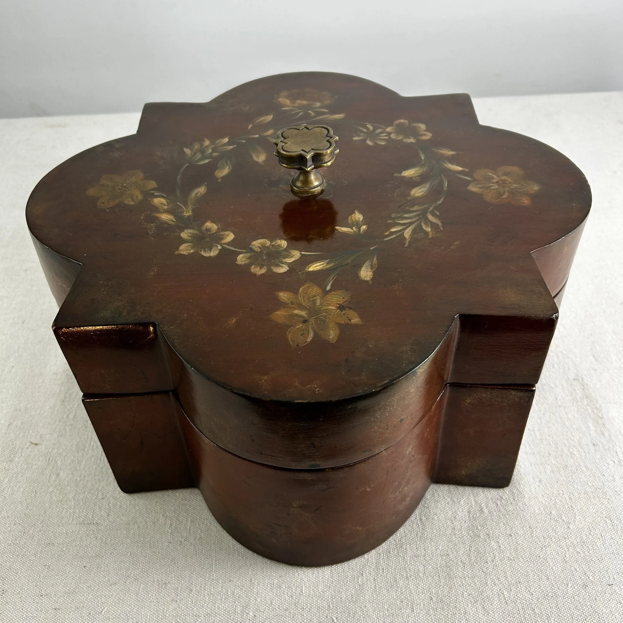 Maitland-Smith Wood Box, Hand Painted Flowers, Ornately Carved