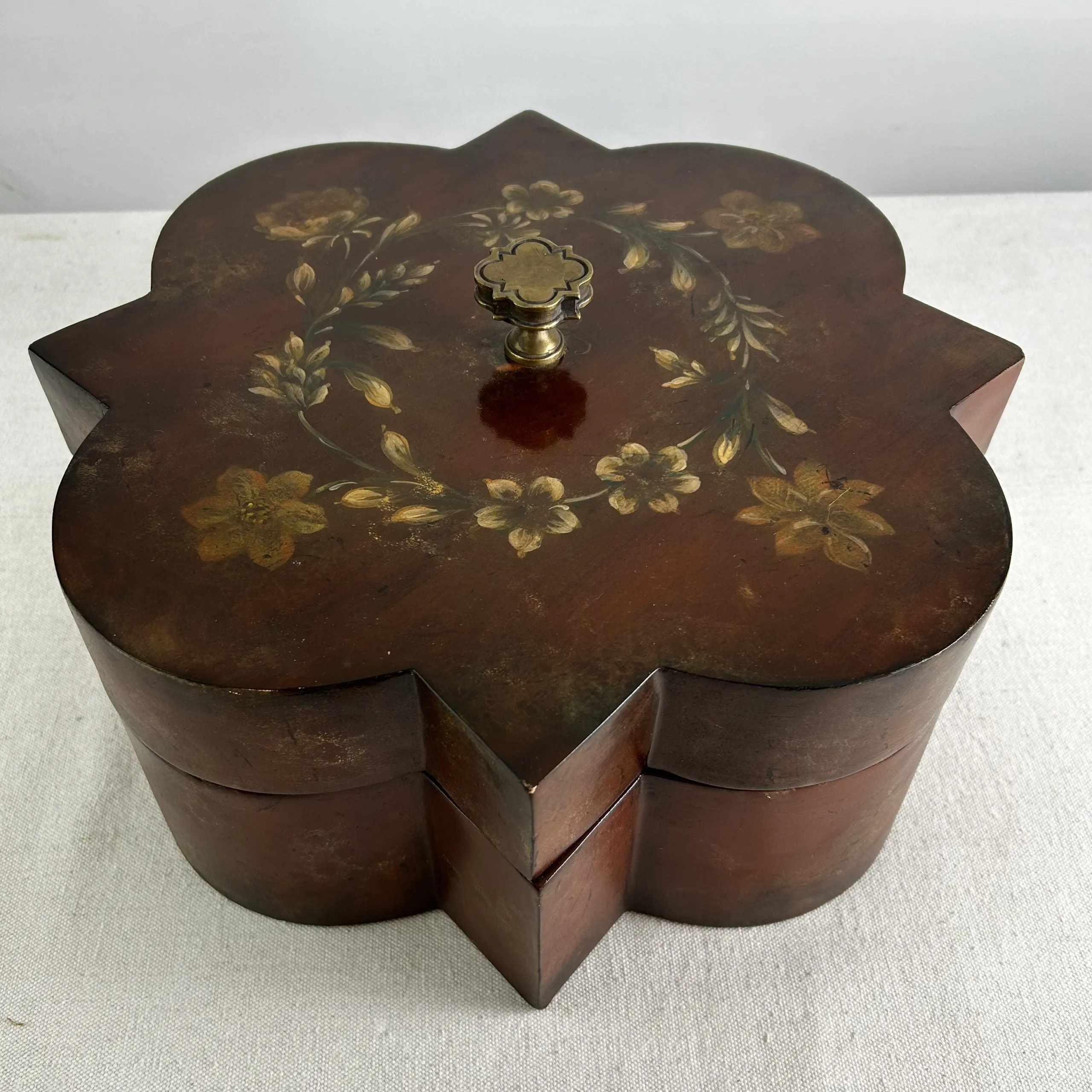 Maitland-Smith Wood Box, Hand Painted Flowers, Ornately Carved