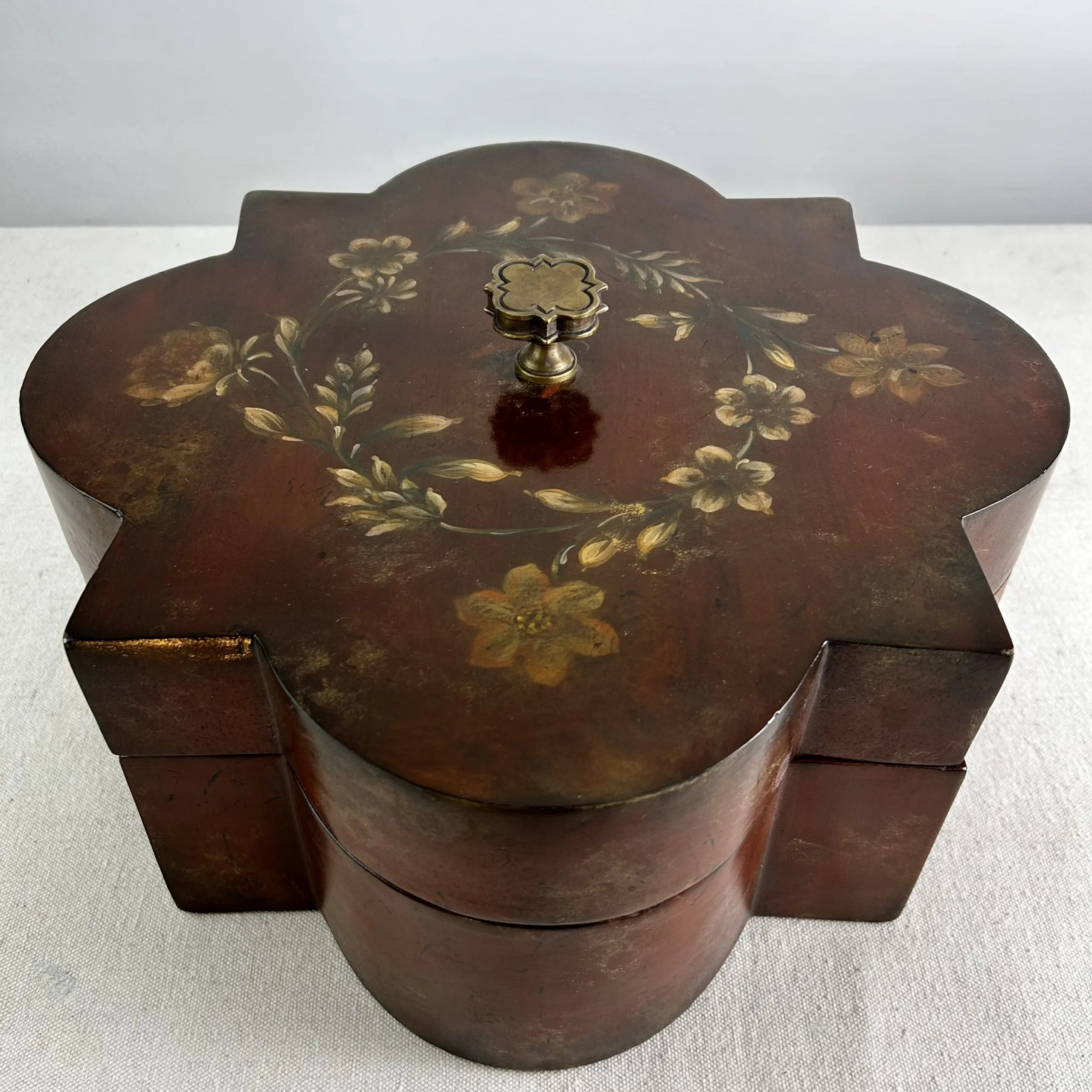 Maitland-Smith Wood Box, Hand Painted Flowers, Ornately Carved