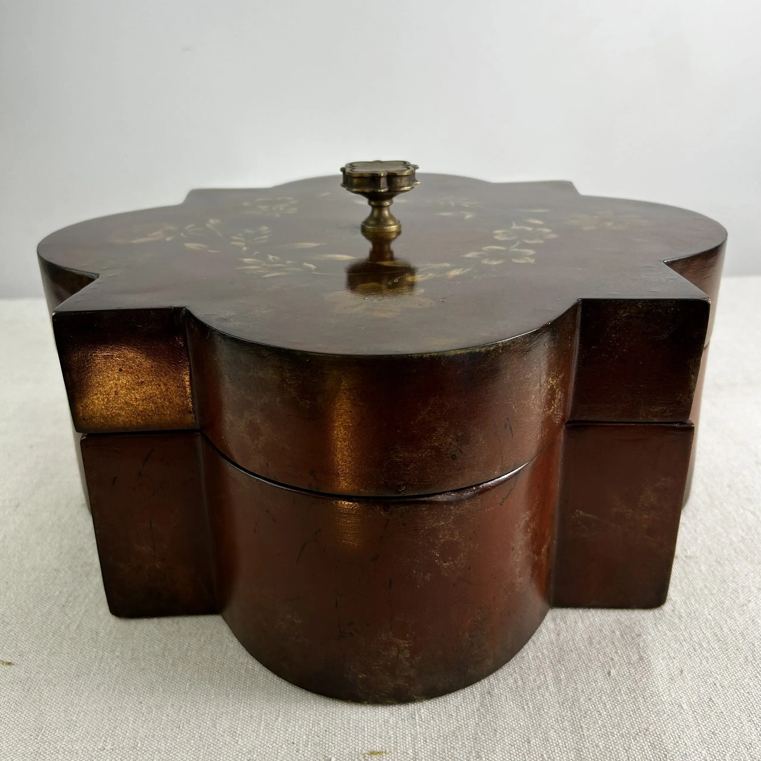Maitland-Smith Wood Box, Hand Painted Flowers, Ornately Carved