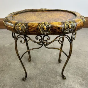 Metal Accent Table, Medium Size, Painted Golden and Rust Tones, Ornate