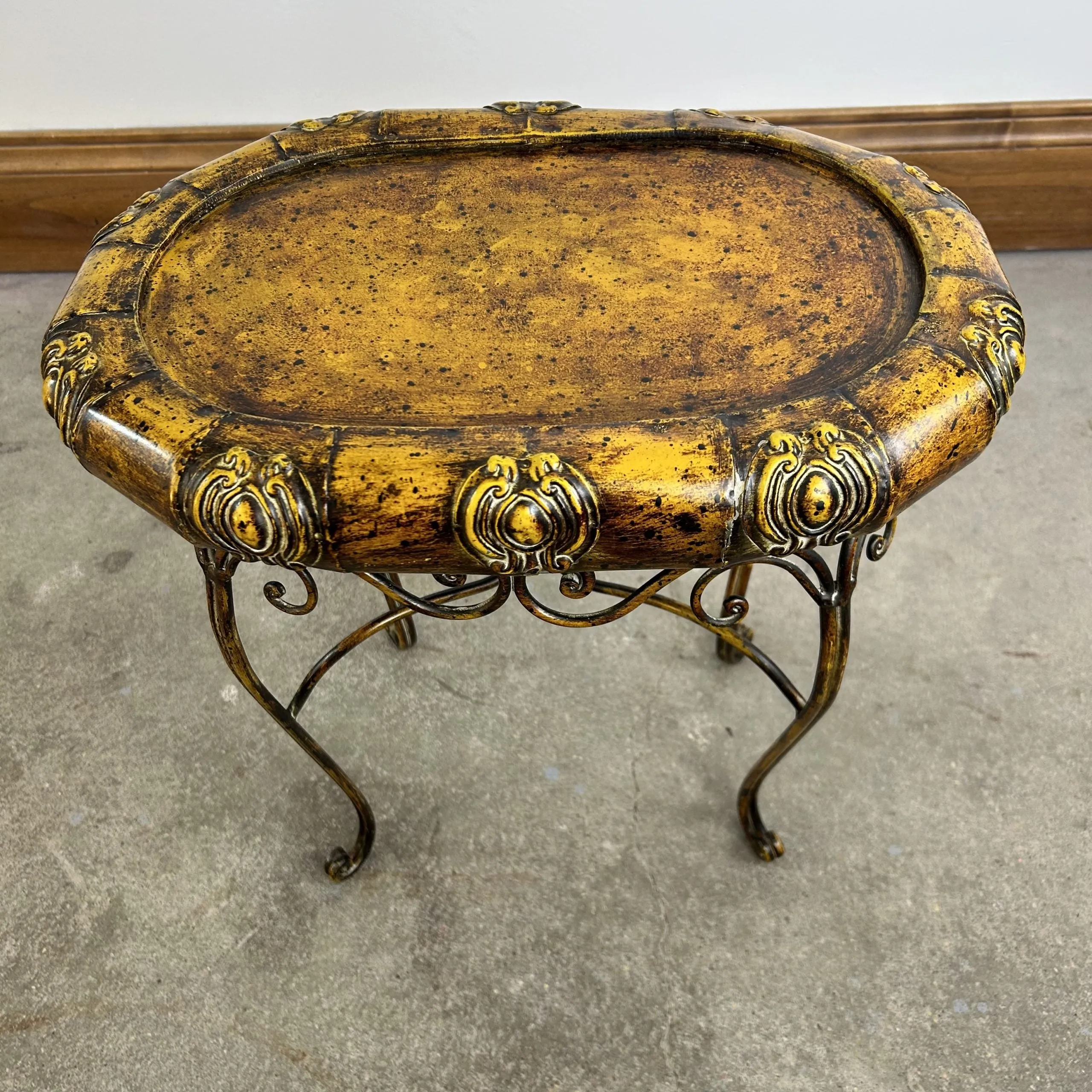 Metal Accent Table, Medium Size, Painted Golden and Rust Tones, Ornate