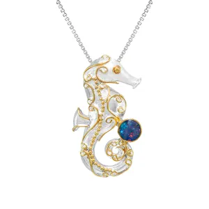 Michou Sterling Silver   Gold Vermeil  Seahorse Pendant with Opal Doublet