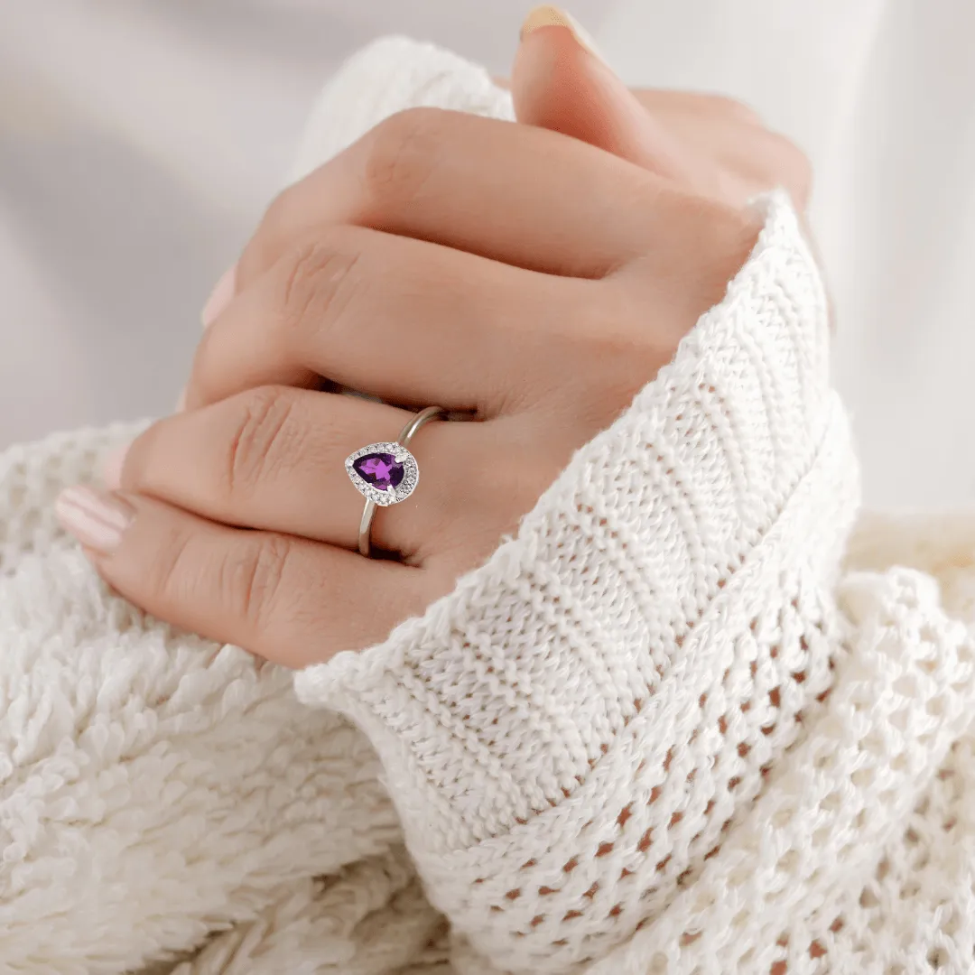Natural Amethyst Teardrop Halo Ring