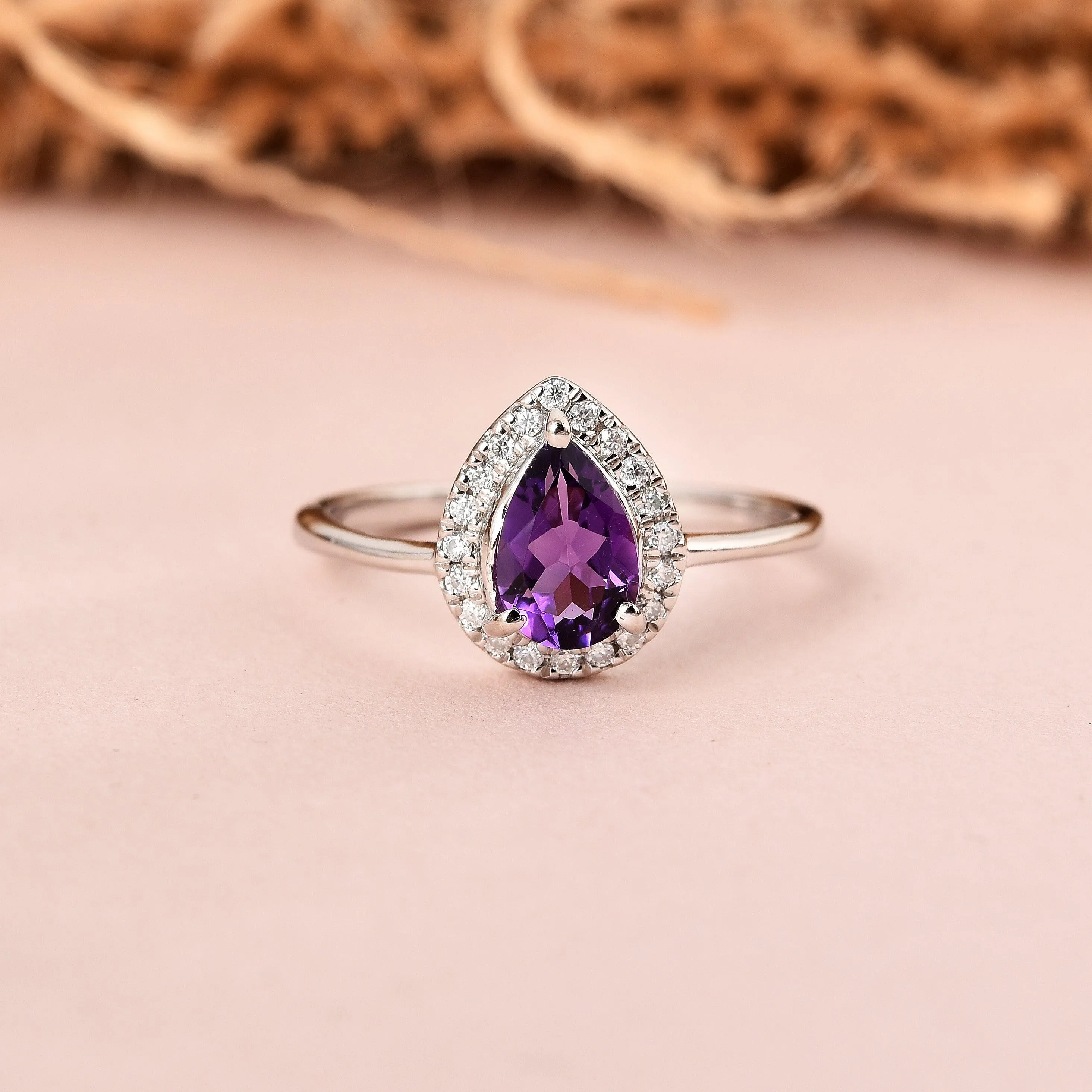 Natural Amethyst Teardrop Halo Ring