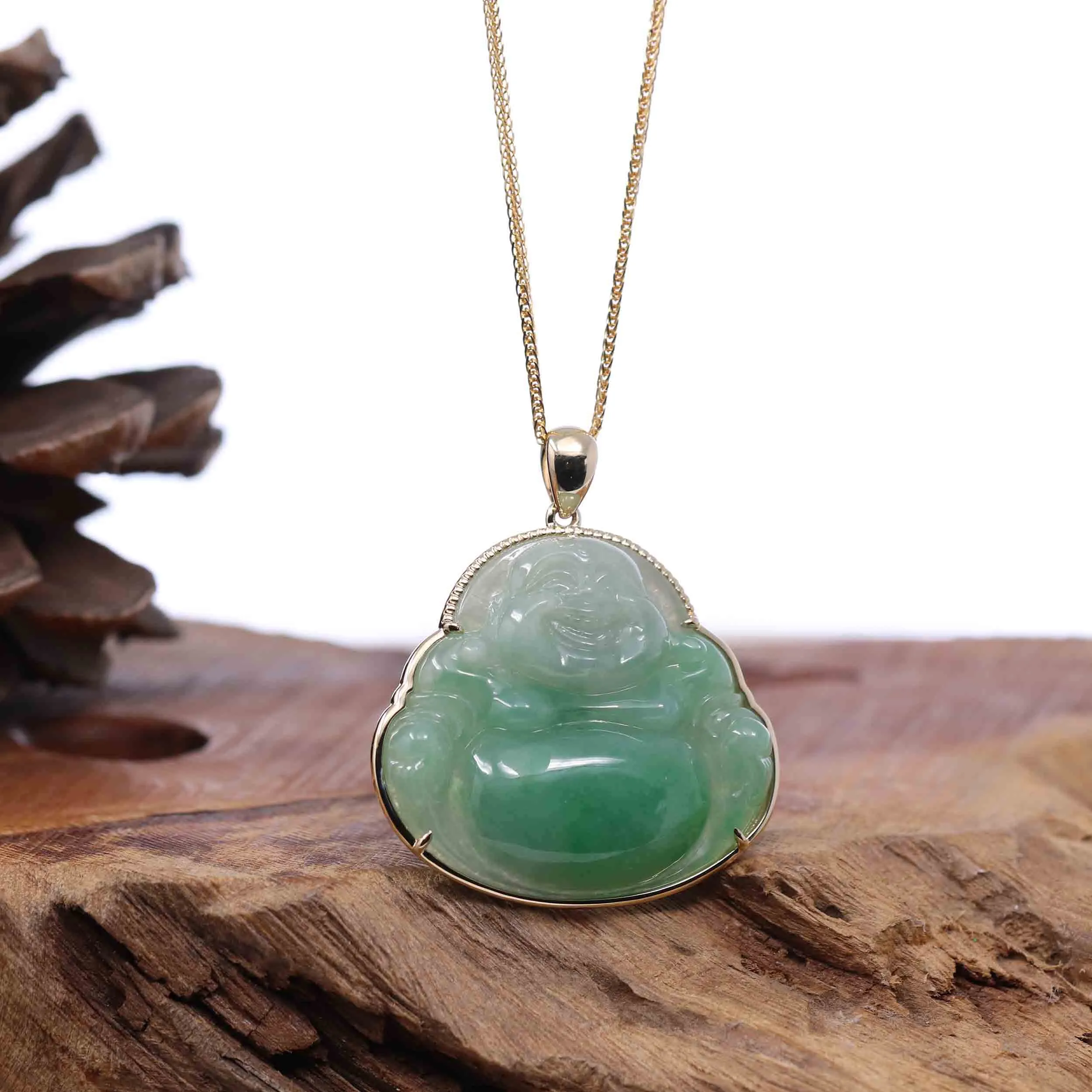 Natural Burmese Jadeite Jade Happy Buddha With 14k Yellow Bail