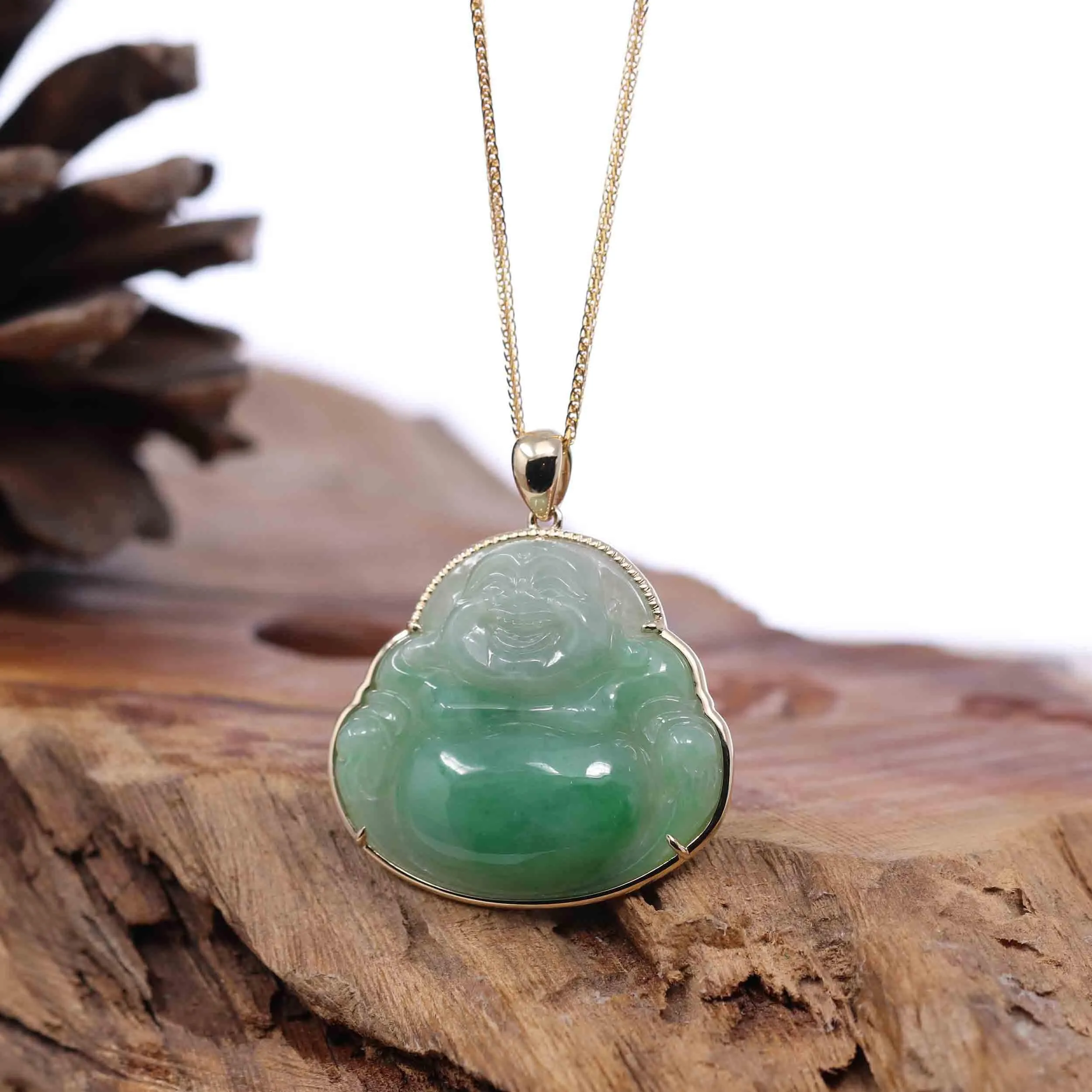 Natural Burmese Jadeite Jade Happy Buddha With 14k Yellow Bail