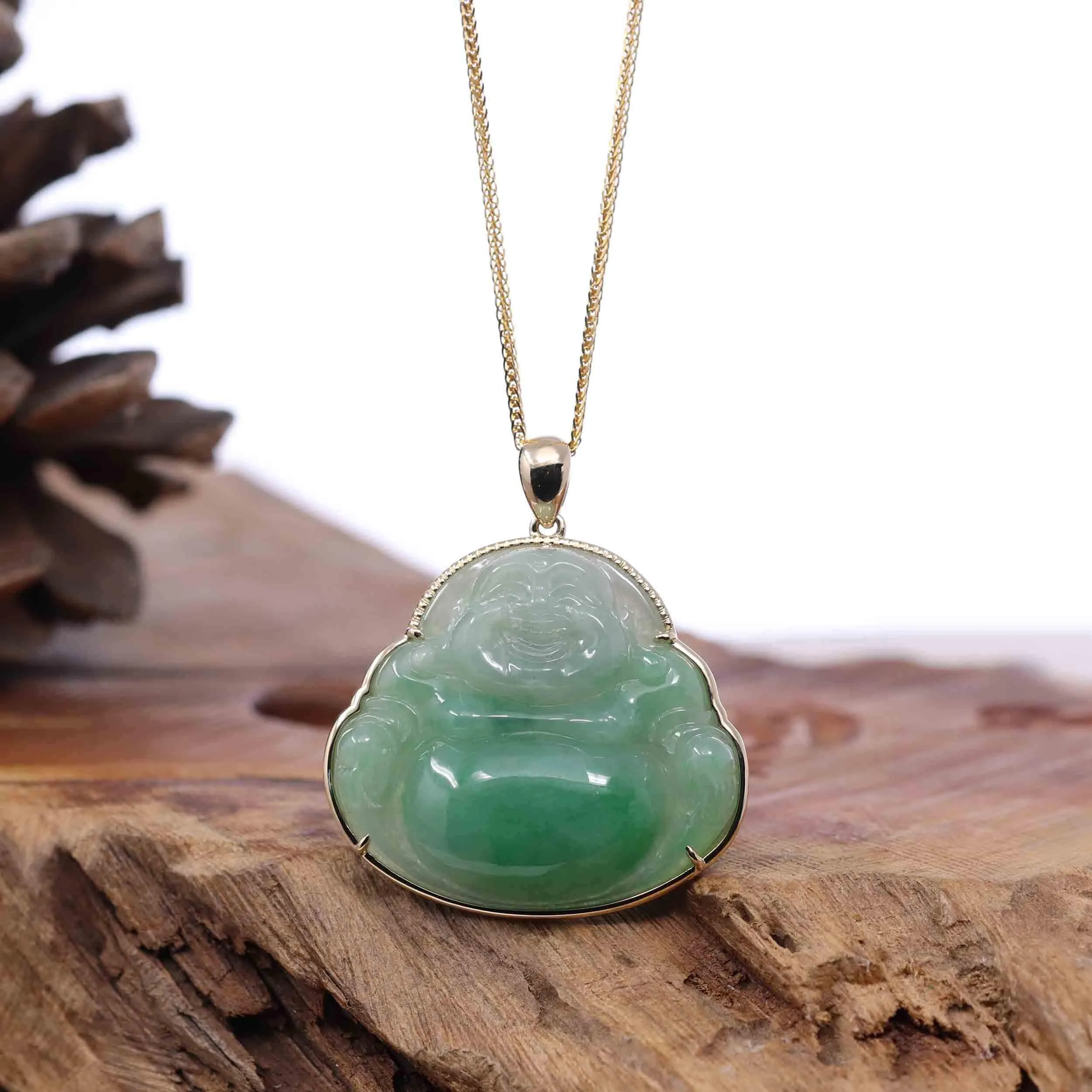 Natural Burmese Jadeite Jade Happy Buddha With 14k Yellow Bail