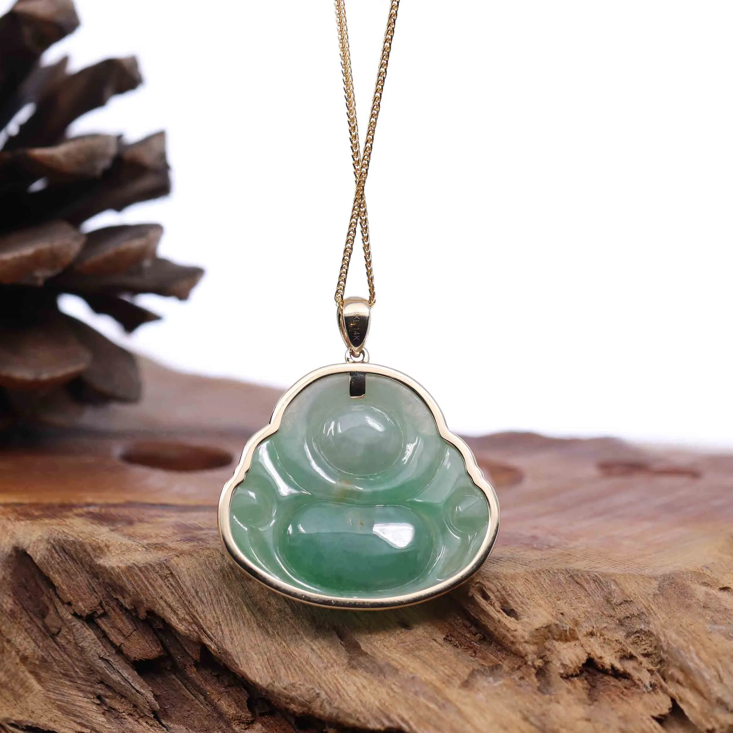 Natural Burmese Jadeite Jade Happy Buddha With 14k Yellow Bail