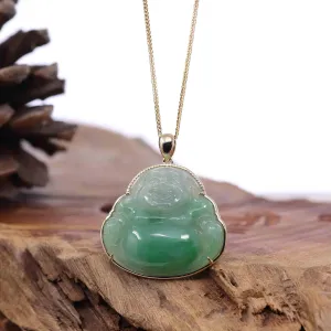 Natural Burmese Jadeite Jade Happy Buddha With 14k Yellow Bail